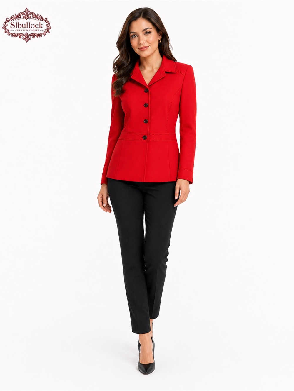 B34 Studio Tahari Red Tailored Blazer Size 14 Black Stitch Detail